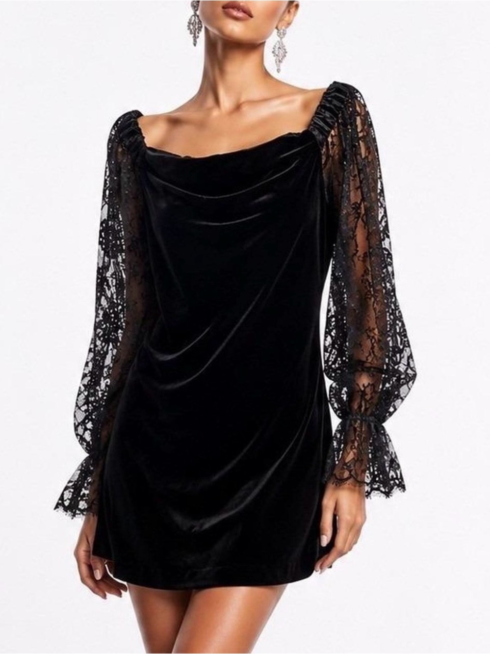 White House Black Market Black Velvet Dress with Lace Long Sleeves